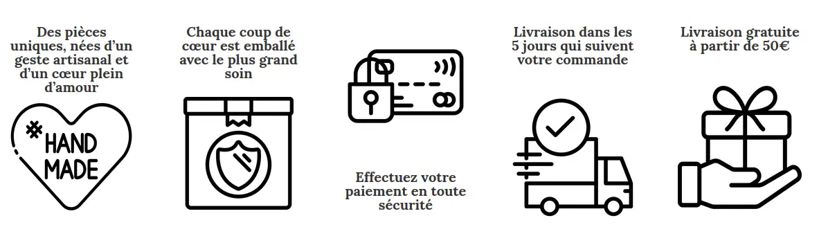 Logo fait main avec amour, logo emballage soigné, logo paiement sécurisé, logo livraison rapide et logo livraison