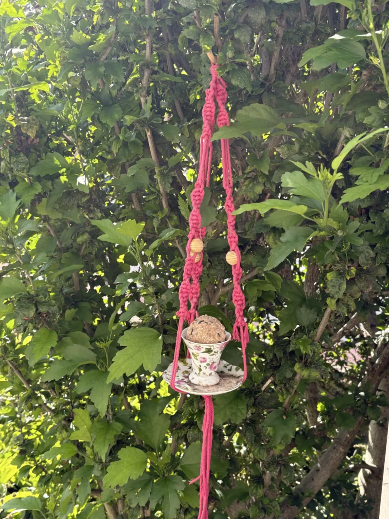 Une mangeoire rose fait main par un kit DIY, suspendu dans un arbre
