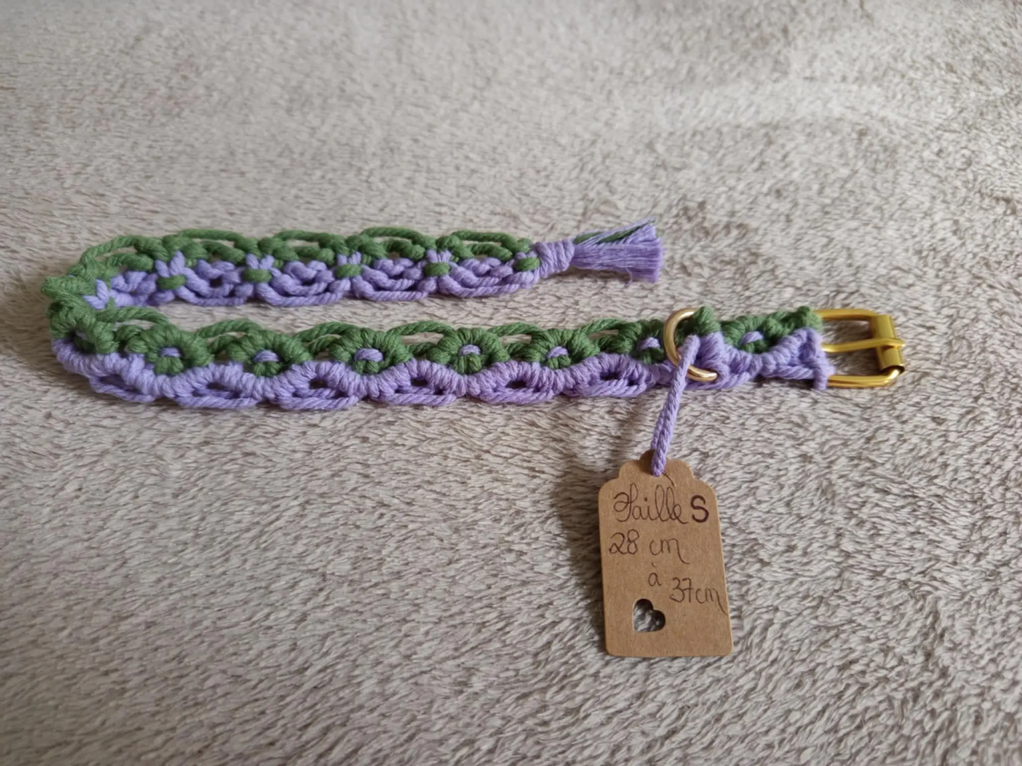 Collier pour chien en macramé, modèle Hatchi taille S couleur mauve et kaki