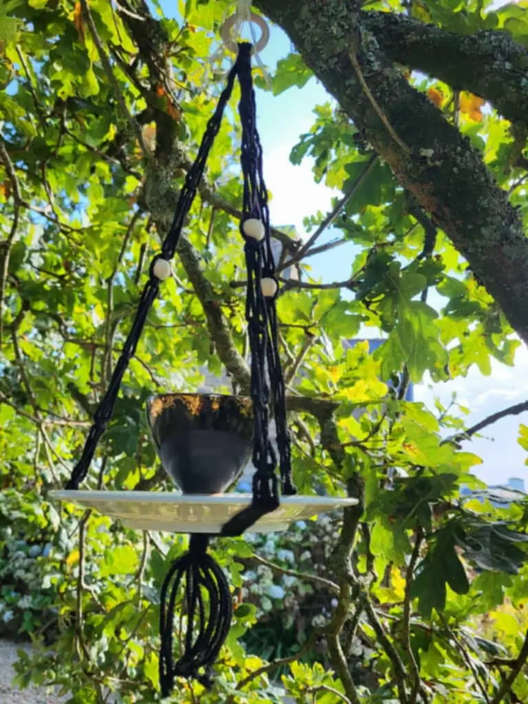 Mangeoire noir et blanche suspendue dans un arbre